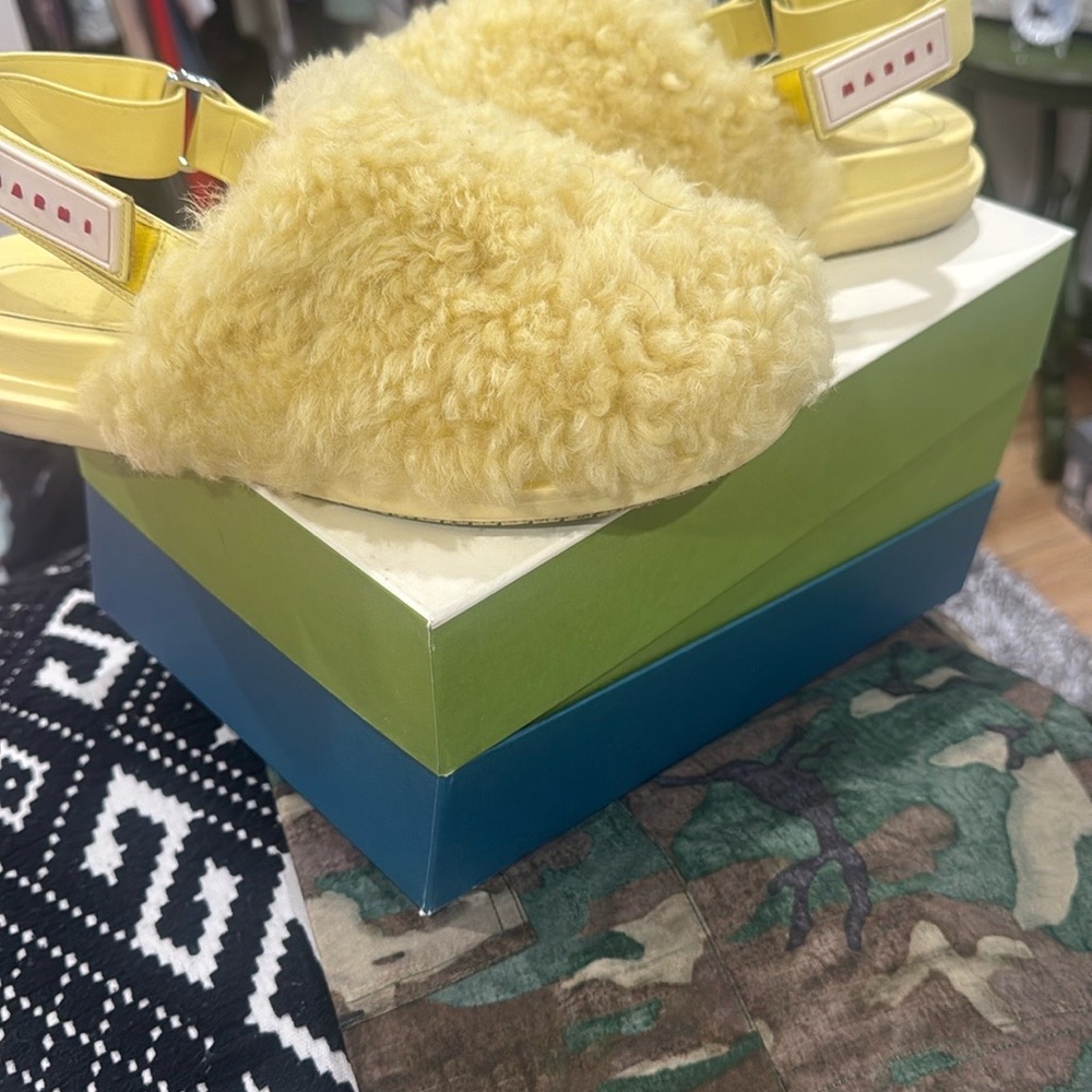 Marni Yellow Fuzzy Slide Sandals